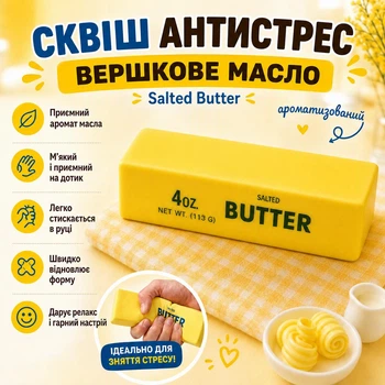 Сквіш-антистрес Вершкове Масло Salted Butter жовтий ароматизований, м’яка сенсорна іграшка-м’ялка для рук дітям і дорослим