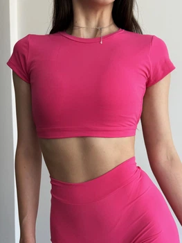 Спортивный женский топ-футболка SportPro Open Back с эффектной открытой спиной и чашками Crop T-shirt M Розовая фуксия (Top51CherriesM)