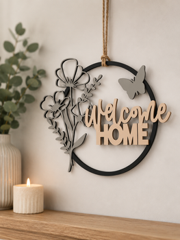 Настінне панно-вінок з написом Welcome Home квітами та метеликом. Aivory