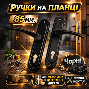 Комплект дверных ручек на планке Арико под евроцилиндр для входных металлических и деревянных дверей межосевое расстояние 85 мм черные