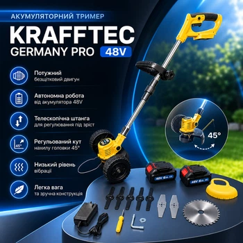 Тример садовий акумуляторний KRAFFTEC Germany 20В легкий обрізка трави та чагарників з 2 акумуляторами зручна рукоятка та захист рослин