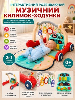 Дитячий Розвиваючий Музичний Килимок 2в1: Інтерактивний Ігровий Центр з Піаніно, Брязкальцями та Ходунками для Новонароджених