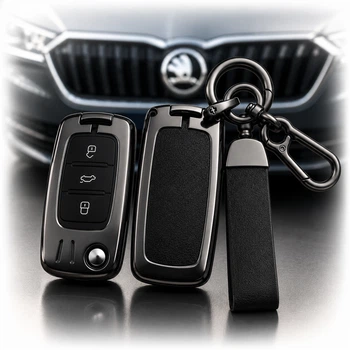 Чохол для автоключів для Skoda в металевому корпусі з Брелоком та Карабіном (3 кнопки №1)