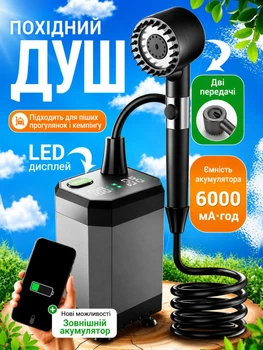 Кемпинговый душ переносной с аккумулятором 6000 мАч, насосом, LED-экраном и массажной воронкой