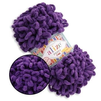 Alize Puffy Fine NEW, Фиолет №044 (100г/14м) плюшевая нитка с готовыми петлями для вязания руками пледа игрушек и балаклавы, Ализе Пуффи Файн