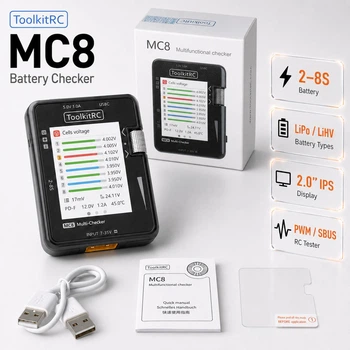 Мультитестер аккумуляторов ToolkitRC MC8, балансировка 2–8S, LiPo/LiHV/Li-ion/LiFe, IPS 2", PWM/PPM/SBUS, USB-C PD 20 Вт