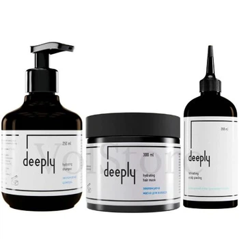 Набор для увлажнения для всех типов волос Deeply: Увлажняющий шампунь Deeply Hydrating Shampoo 250мл / Увлажняющая маска Deeply Hydrating Hair Mask 300мл / Пилинг для кожи головы Deeply Refreshing Scalp Peeling 200мл