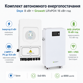 Комплект автономного энергоснабжения Deye SUN-8K-SG05LP1-EU 8 кВт + Growatt HOPE 16.0LM-A1 LiFePO4 16 кВт·ч