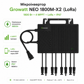 Микроинвертор для солнечных панелей Growatt NEO 1800M-X2 (LoRa) 1800 Вт 4 MPPT LoRa IP67 Black
