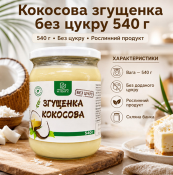Згущене кокосове молоко без цукру 540 г натуральна рослинна кокосова згущенка у скляній банці