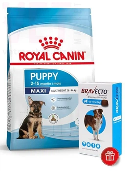 Сухой корм для щенков крупных пород Royal Canin Maxi Puppy до 15 месяцев, 15 кг + Бравекто