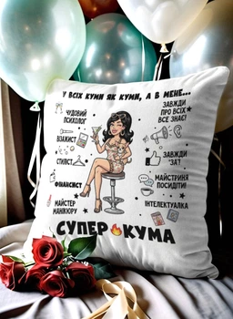 Подушка плюшева 32х32 см з принтом «в мене супер кума» — прикольний подарунок