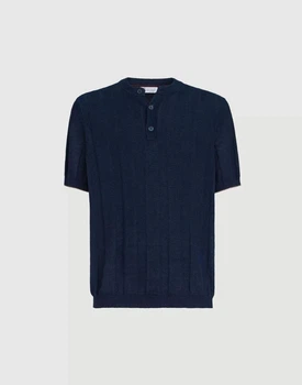 Мужская синяя трикотажная футболка-поло Brunello Cucinelli Henley из льна и хлопка размер M