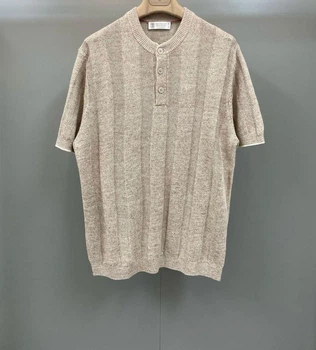 Мужская бежевая трикотажная футболка-поло Brunello Cucinelli Henley из льна и хлопка размер M