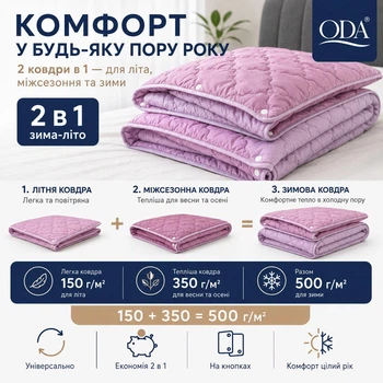 Ковдра 4 сезони 200×220 см зима-літо 2 в 1, холлофайбер, мікрофібра, на кнопках, 150 + 350 г/м², фіолетовий