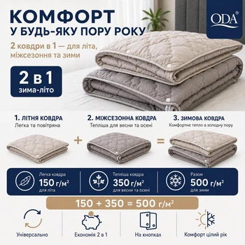 Ковдра 4 сезони 175×210 см зима-літо 2 в 1, холлофайбер, мікрофібра, на кнопках, 150 + 350 г/м², сірий