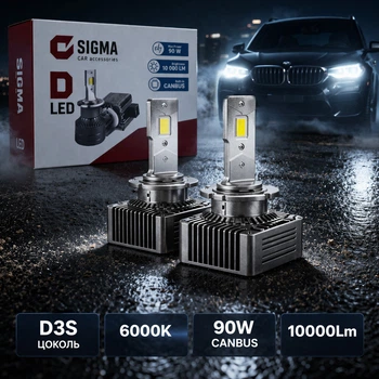 Штатные LED лампы D3S светодиодные SIGMA D-series D3S 90W 6000K 10000LM белый 12V CANBUS вместо штатного ксенона