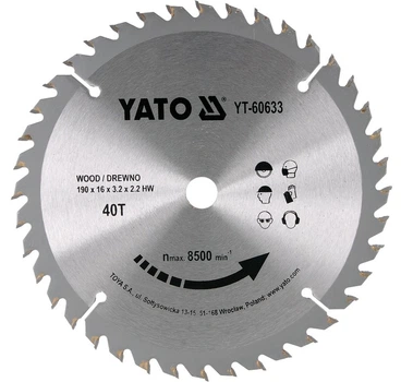 Tarcza widiowa do drewna YATO YT-60633 190 x 16 mm 40 zębów do 8500 obr/min (5906083606335)