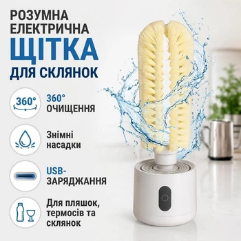 Электрическая щетка для мытья стаканов бутылок термосов детских бутылочек бокалов чашек с зарядкой автоматическая ершик посуды