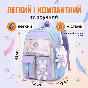 Шкільний рюкзак з плюшевим зайчиком для дівчаток, портфель ранець у школу початкові класи блакитно-фіолетовий дитячий дівчинки