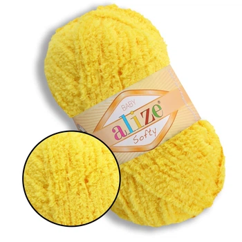 Пряжа для в'язання Alize Softy, Жовтий №216, 100% мікрополіестер, 50 г, 115 м - плюшева нитка для спиць і гачка (іграшки, одяг, пледи)