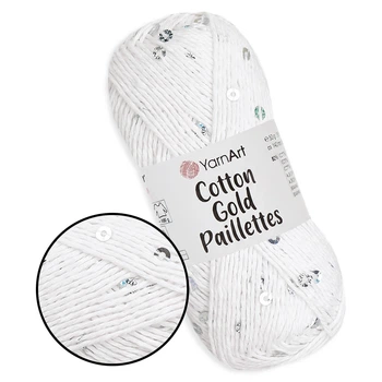YarnArt Cotton Gold Paillettets, Білий No7102 — бавовняна пряжа з паєткою для в'язання спицями та гачком, 50 г/140 м, 82% бавовна/18% поліестер