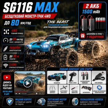 Машинка на радиоуправлении SG116 MAX 1:16 — безщеточный монстр-трак 4WD до 80 км/ч 2 аккумулятора