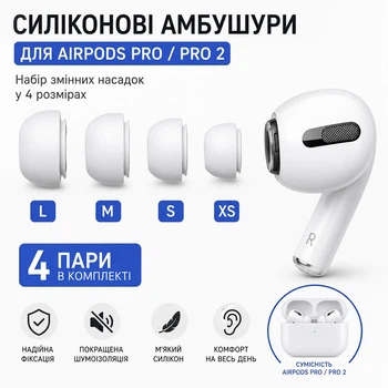 Набор силиконовых амбушюр в четырех размерах XS/S/M/L для наушников Airpods Pro / Pro 2, 4 пары, белые (110561573)