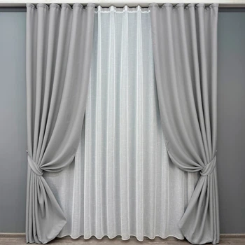 Комплект штор VR-Textil Лен Мешковина 100х270 2шт и Тюль 300х270 867ш-115т светло-серый с белым 71-060/1