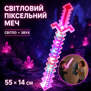 Световой пиксельный меч в стиле Minecraft со звуковыми эффектами Ледовый Алмазный LED Меч Майнкрафт со светом и звуками 55×14 см, розовый