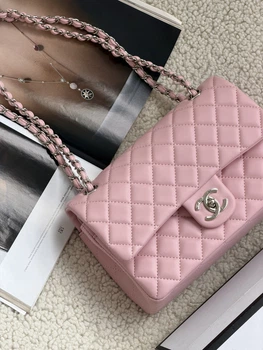 Сумка женская клатч через плечо Chanel Classic Double Flap Bag PREMIUM Шанель розовый серебро