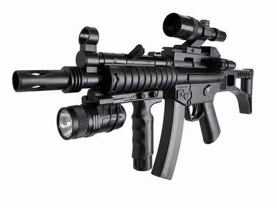 Автомат дитячий MP5 із лазерним прицілом, ліхтарем, оптичним прицілом і сошкою під кульки 6 мм, швидкість до 90 м/с