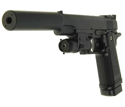Пістолет Colt M1911 Hi-Capa пружинний металевий із глушником, магазином на 16 кульок 6 мм і планкою Weaver, чорний