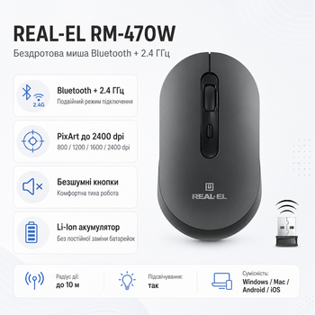 Миша бездротова REAL-EL RM-470W Bluetooth 2.4 ГГц PixArt 2400 dpi Dark Gray (EL123200049)