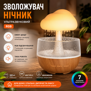 Увлажнитель воздуха ультразвуковой RGB с эффектом дождя ночник аромадиффузор USB Type-C 300 мл настольный мини увлажнитель для дома спальни детской офиса с подсветкой
