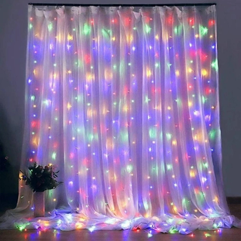 Гірлянда штора від мережі (2,5 х1, 5 м) 240 LED прозорий шнур, Різнокольорова