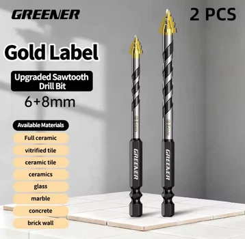 Сверла GREENER 2шт с зубцами для плитки, стекла 6 / 8 мм для сухого сверления
