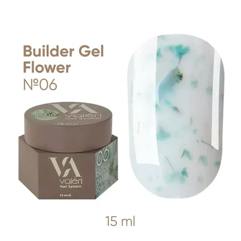 Гель с сухоцветами VALERI Builder Gel Flower 06, светло-зеленый, 15 мл