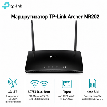 Беспроводной маршрутизатор TP-Link Archer MR202 4G LTE Wi-Fi 5 AC750 2.4/5 GHz 4xFE Nano SIM 2 антенны Black