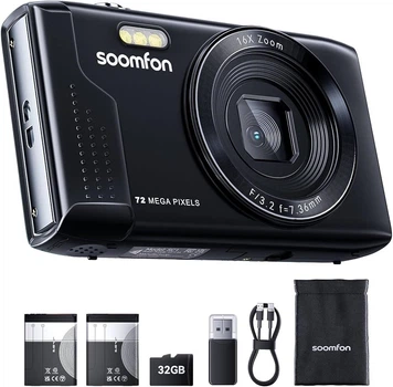 Цифровой фотоаппарат SOOMFON SC1 4K 72MP с 16X зумом, 32GB картой памяти, 2 аккумуляторами, черный