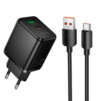 Сетевое зарядное устройство HOCO C157A GaN 30W (1USB + 1Type-C) с кабелем Type-C Black