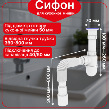 Сифон кухонный с резьбовым выпуском Kronoplast и гофротрубой 40×40/50, универсальный комплект, 1 1/2"×40