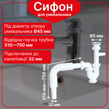Прямоточный сливной сифон для раковины с ревизией, подключением стиральной машины и гофрированной трубой SJ18020029