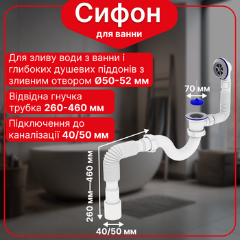 Сифон Kronoplast для ванны прямоточный с выпуском 1 1/2″, переливом и гофротрубой 40×40/50 мм SV26000133