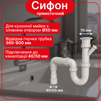Сифон Kronoplast 1 1/2"*40 мм прямоточный с отводом для стиральной машины и гофротрубой 40*40/50 мм SU14020043