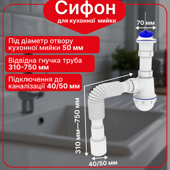 Сифон Kronoplast для кухонной мойки 1 1/2″×40 с резьбовым выпуском и гофротрубой 40×40/50 мм SM14010043