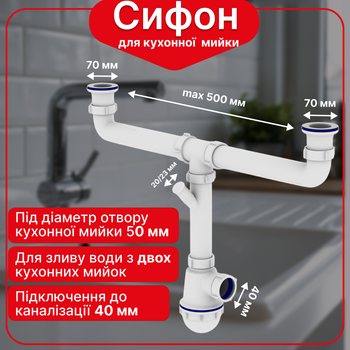 Сифон Kronoplast для двойной кухонной мойки 1 1/2″×40 с двумя резьбовыми выпусками SM34420000