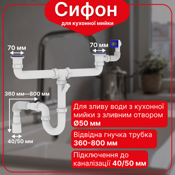 Сифон Kronoplast 1 1/2"*40 с 2 резьбовыми выпусками, с отводом для стиральной машины и гофротрубой 40*40/50 мм SU44620343