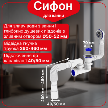 Плоский сифон для ванной, сифон автомат для ванны с ревизией и выпуском 1 1/2"х40 , с гибкой трубой 40х40/50 мм Kronoplast, SR26000133