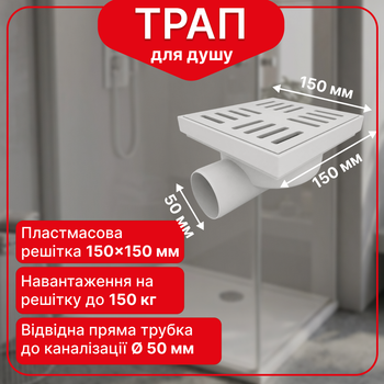 Трап нерегулируемый Kronoplast с пластиковой решёткой 150×150 мм и горизонтальным выпуском Ø50 мм TS11510402